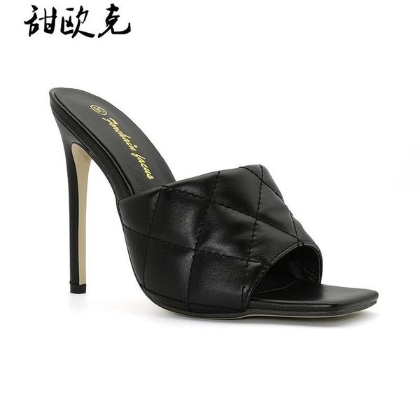 

2021 marian sqaure toe red quilted mule heels shoe black pu high heel shoes women sandals sliper woman shoes zapatos mujer