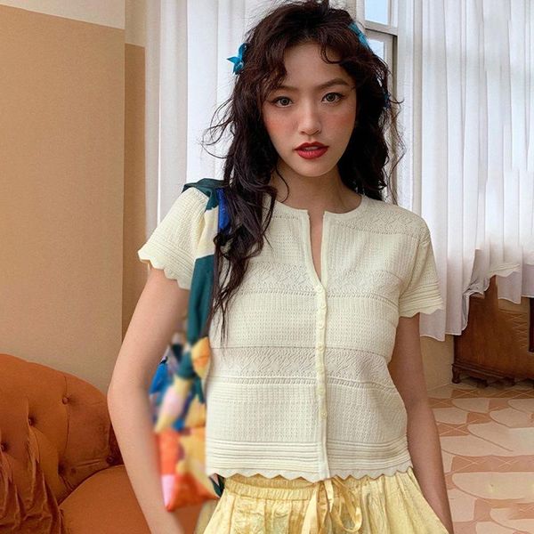 

women's t-shirt fashion v neck hollow out women summer knitted short cardigan female short-sleeved, White
