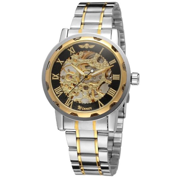 

wristwatches wholesale watch 2021 winner mens visible skeleton mechanical steel hand wind gold band relogio masculino, Slivery;brown