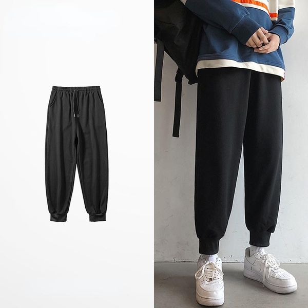 

men's pants spring autumn casual jogging sweatpants men solid color simple all-match loose tie feet basketball skateboard youth trouser, Black