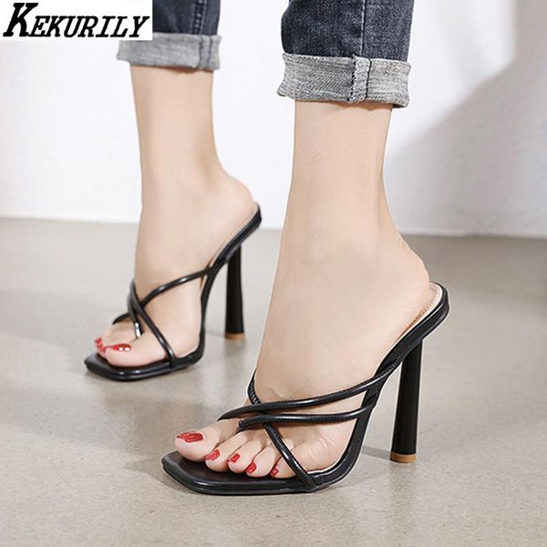 

sandals hollow women high heels flip flops fashion narrow band slides big size open toe shoes summer sandalias mujer, Black