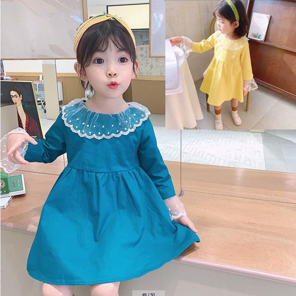 

summer new baby girls lace collar solid color dress, Red;yellow