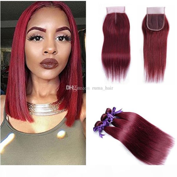 

bold red 99j burgundy brazilian straight hair 3 bundles with closure human hair weave extensions virgin hair with 4*4 closure 8a grade, Black;brown
