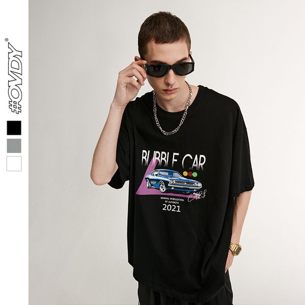 

wxwovdy men's new summer street fashion hip hop muscle car print oversize t-shirt short sve, White;black