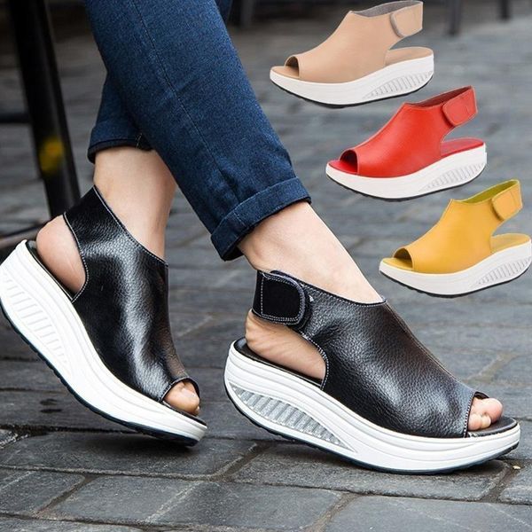 

sandals heels shoes summer women platform wedges leather casual slip-on flat size 35-43, Black