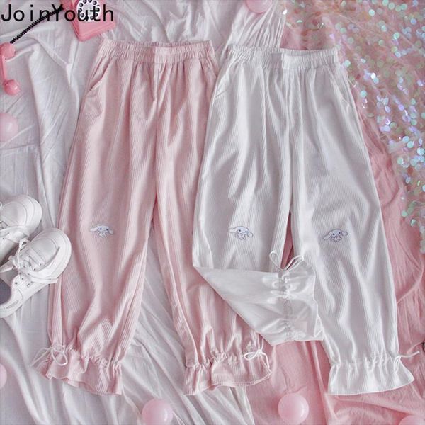 

japanese kawaii corduroy harajuku women pant soft wild casual straight trousers cute cartoon ruffle pantalon 7b318, Black;white