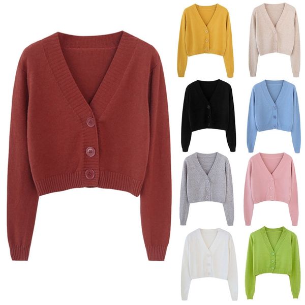 

women autumn long sleeve sweater cardigan v-neck button down cropped jacket sweet solid candy color loose knitted outwear, White;black