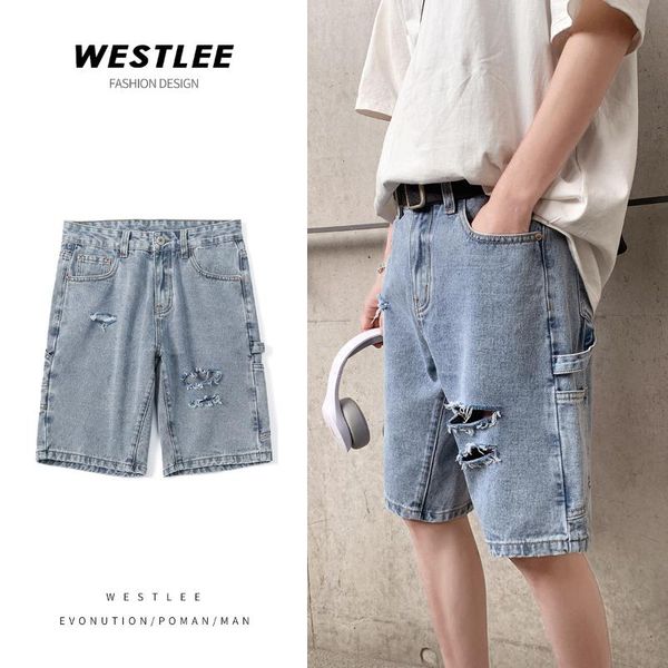

men's jeans summer light blue hole baggy denim short 2021 thin men streetwear korean casual loose jean