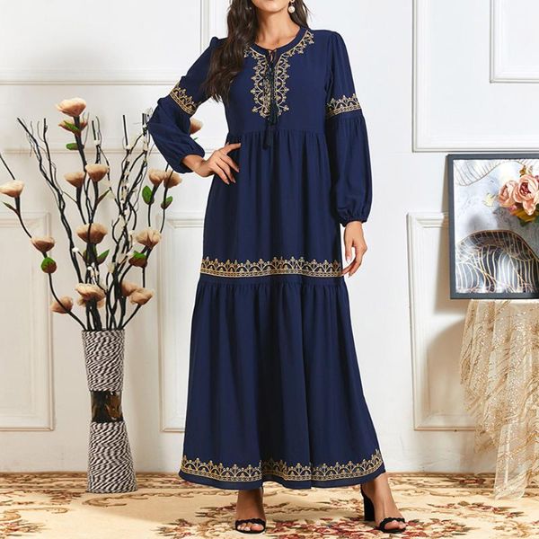 

casual dresses muslim dress europe, america, middle east fashion gold thread embroidery lantern sleeve round neck lace, Black;gray