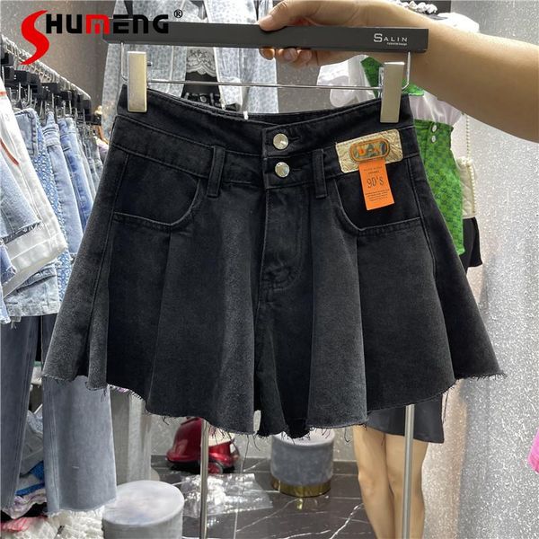 

women's jeans 2021 summer women high waist loose slimming wide-leg denim shorts ladies fashion simple solid color a- line pantskirt, Blue
