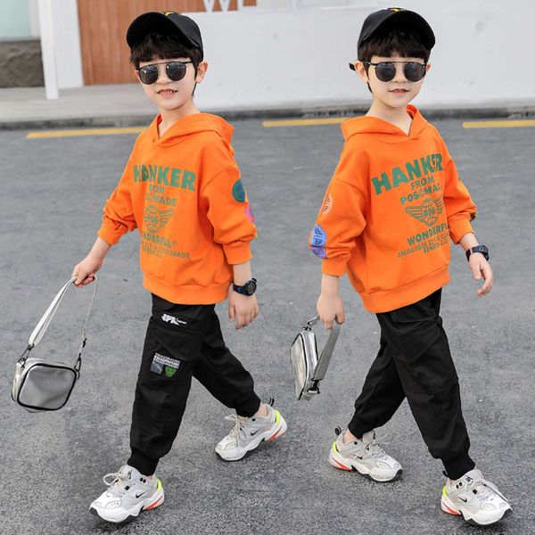 

2021 piece boys' spring two letter hooded casual suit planet tooling set children's clothes, White