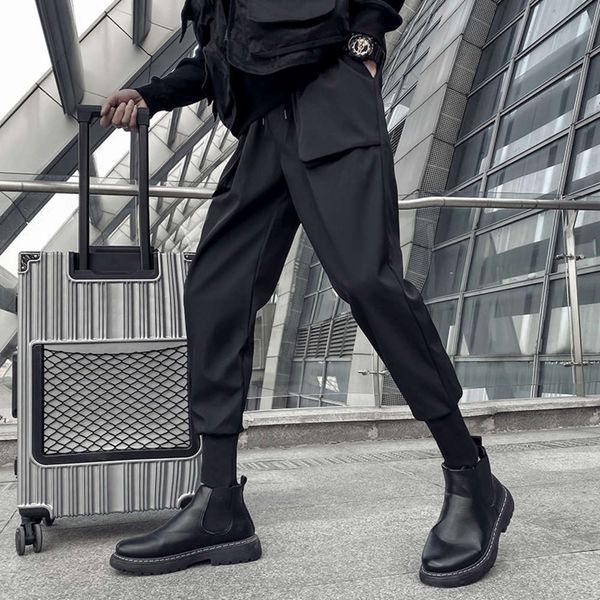 

black casual pants men's autumn and winter korean fashion versatile fashion brand dark black functional ruffian and plush thickened leg, Blue