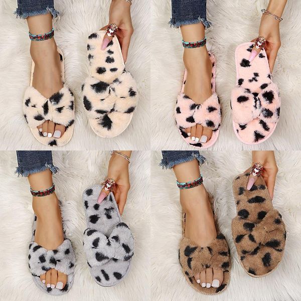 

slippers ladies slippers, fur autumn and winter fashion women's flat shoes, leopard print cross, Black