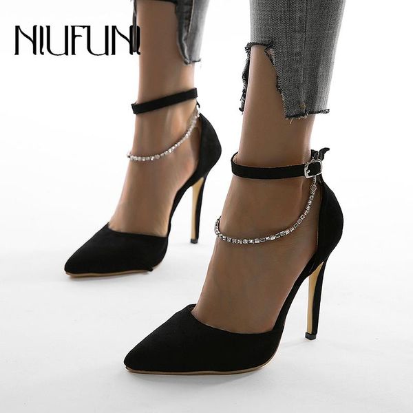 

niufuni plus size 35-42 women sandals pointed toe rhinestone d'orsay stiletto buckle high heels chain wedding shoes for women, Black