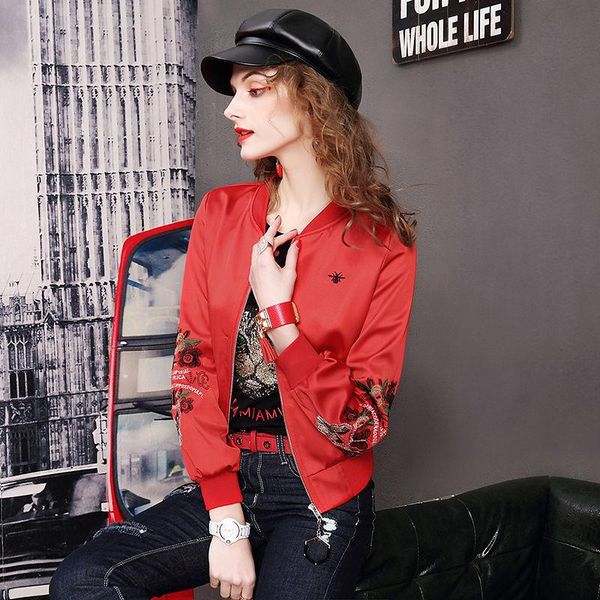 

women's jackets autumn / winter 2021 fashion standing collar embroidered jacket slim short baseball, Black;brown