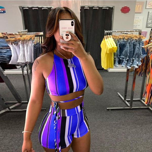 

women's tracksuits multicolor stripe fashionable 2 pieces outfits backless wrap tie up crop patchwork slim fit mini shorts suits, Gray