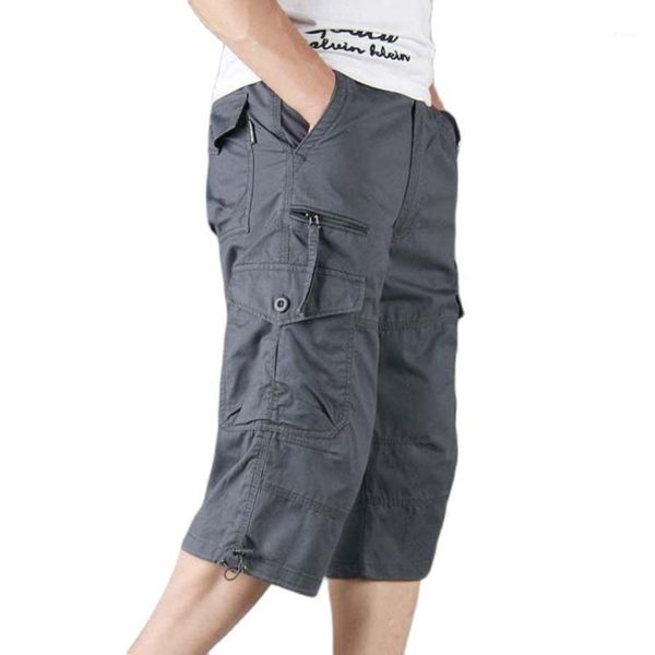 

men's pants summer calf length cargo shorts men casual 100% cotton multi pockets breeches cropped trousers military camouflage 5xl, Black