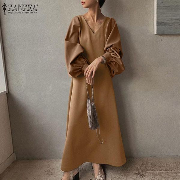 

autumn v neck long puff sleeve solid vestidos zanzea women elegant party dress female fashion long sundress oversized dresses, Black;gray
