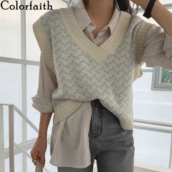 

colorfaith winter spring women sweaters pullover sleeveless vest waistcoat korean oversized checkered knitwear swv18191 210928, White