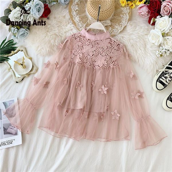

women's blouses & shirts woman long flare sleeve stand collar lace mesh loose korean hollow out embroidery female blouse 2021 spri, White