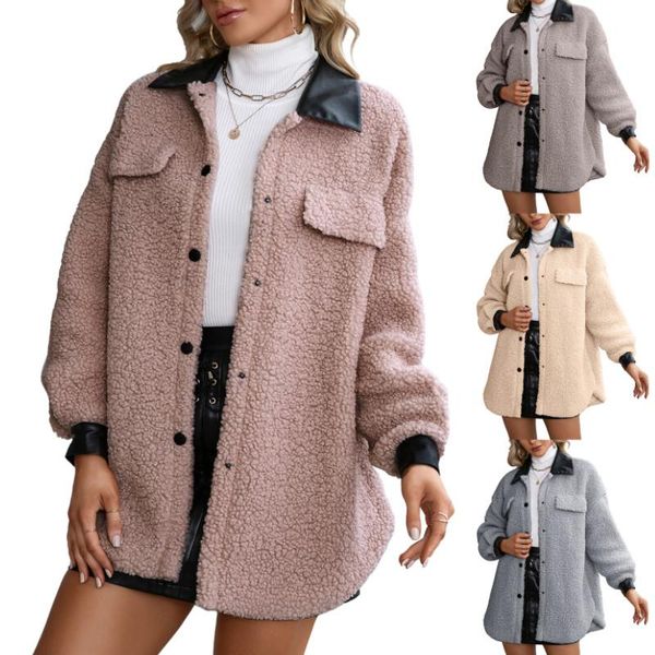

women's wool & blends female fleece coat winter, turn-down collar long sleeve jacket greatcoat with buttons for fall winter, Black