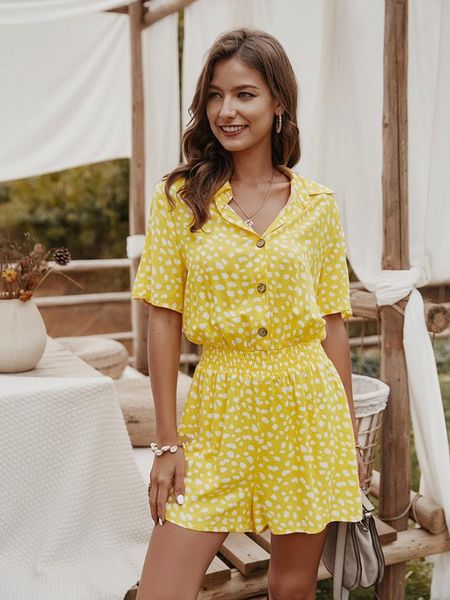 

women's jumpsuits & rompers fashion floral print casual playsuit 2021 summer beach short sleeve tunic v neck boho dots womens jumpsuit, Black;white