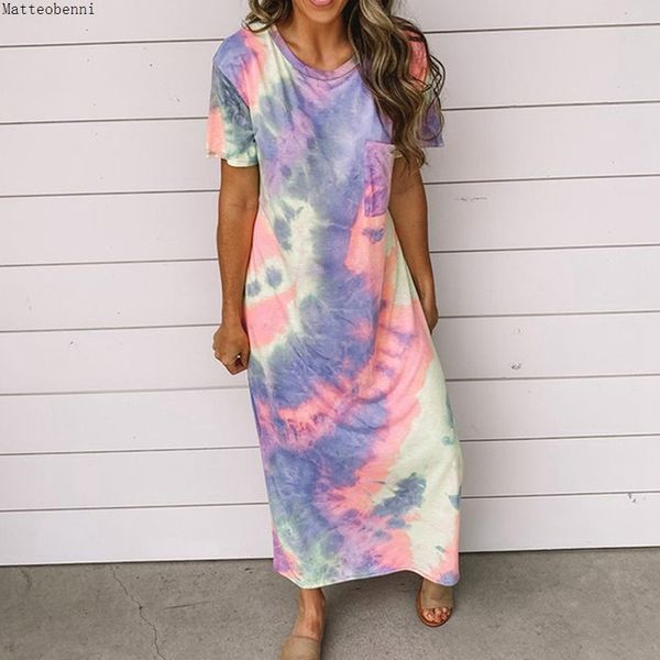 

2021 new split summer tie-dye print casual short sleeve maxi for women long lady es plus size 16q5, Black;gray