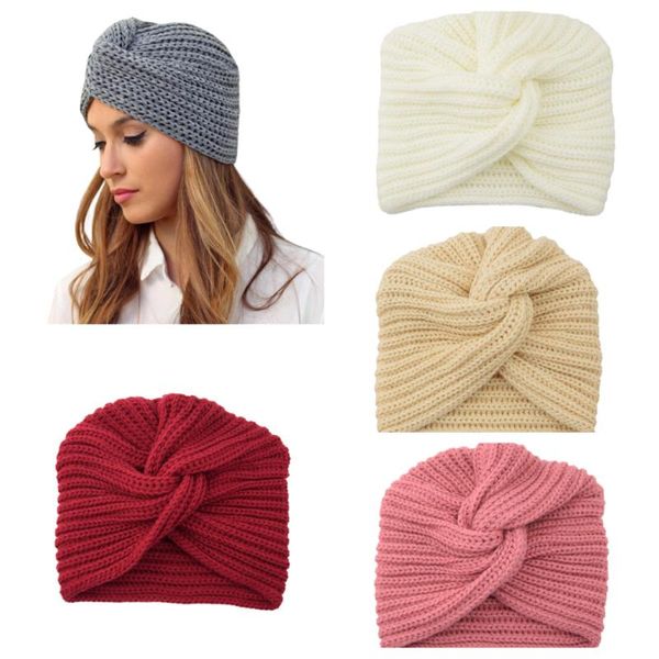 

berets women's knitted turban hats bohemia cross wrap head wool knitting hat bonnet cap, Blue;gray