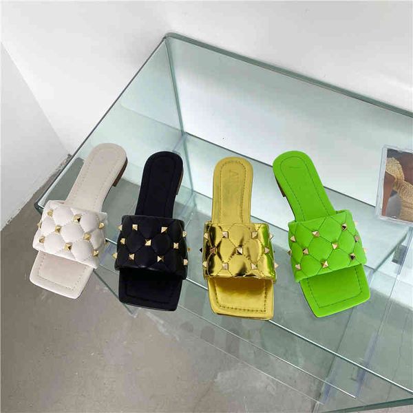 

rivet fashion slippers women beach slides flip flops square toe flat casual shoes fluorescent green embroidery sandals, Black