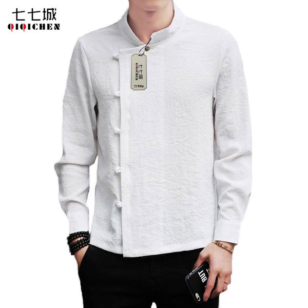 

chinese traditional spring white linen shirts men shirt long sleeve mandarin collar solid casual retro tang suit clothes, White;black
