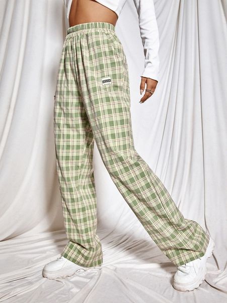 

letter patched tartan plaid straight leg pants r5xr#, Black;white