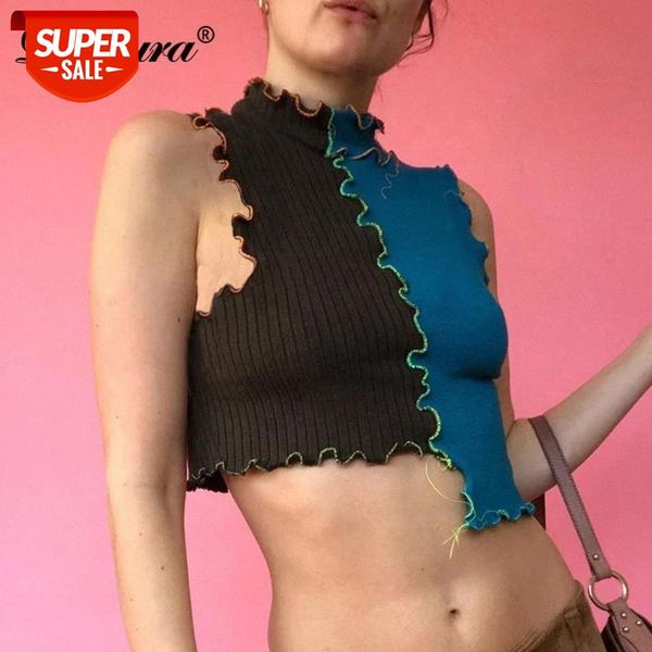 

dulzura ribbed patchwork irregular tanks crop ruched bodycon streetwear 2020 autumn winter clothes club gothic vintage #t32v, White