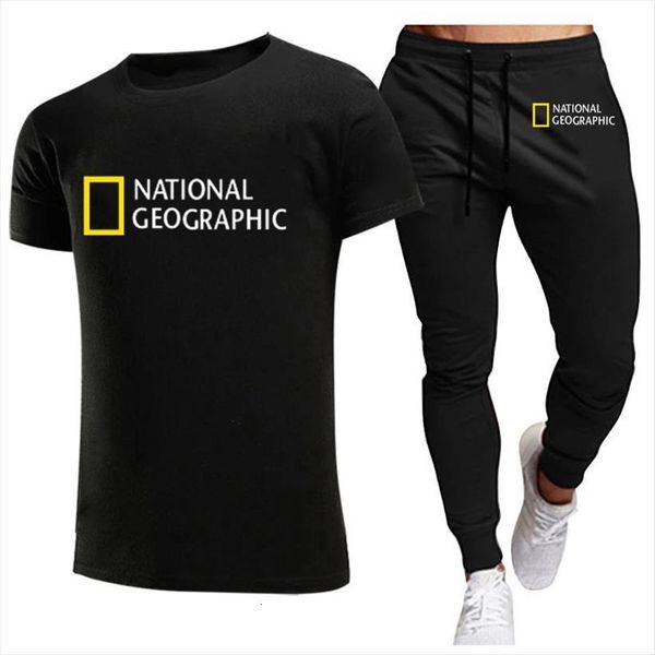 

summer national geographic mens tracksuits t shirt pants suit track sportswear short sleeved 2 piece set, Gray