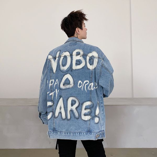 

2021 new high street great english letter complete print ripped gentlemen oversize casual denim windjack losse jas 4wgf, Black;brown