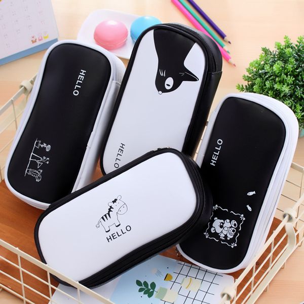 

high capacity cartoon pencil case black white zebra pu leather cute pencil case boys and girls storage box cartoon pen box 1pcs