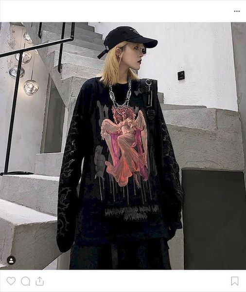 

women's t-shirt devil print gothic tshirt women t shirt men dark high street retro couple long sleeve loose tee punk fashion, White