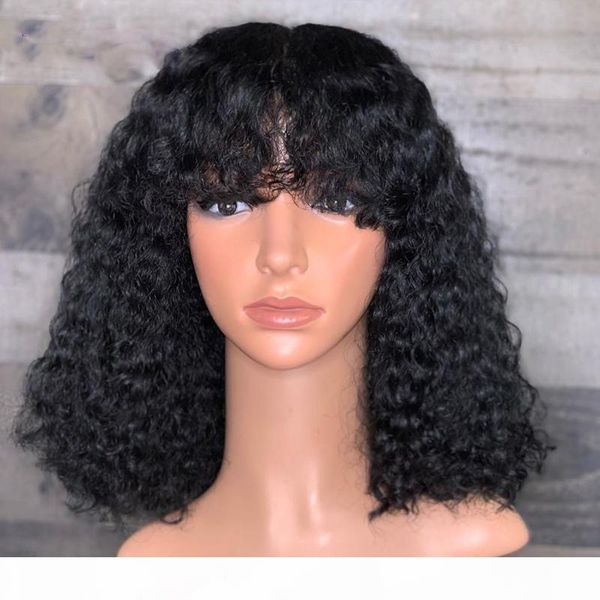 

paff bob curly full lace wig with bangs brazilian human non-remy hair 13x4 lace front wig 8-24inch lace wigs, Black;brown