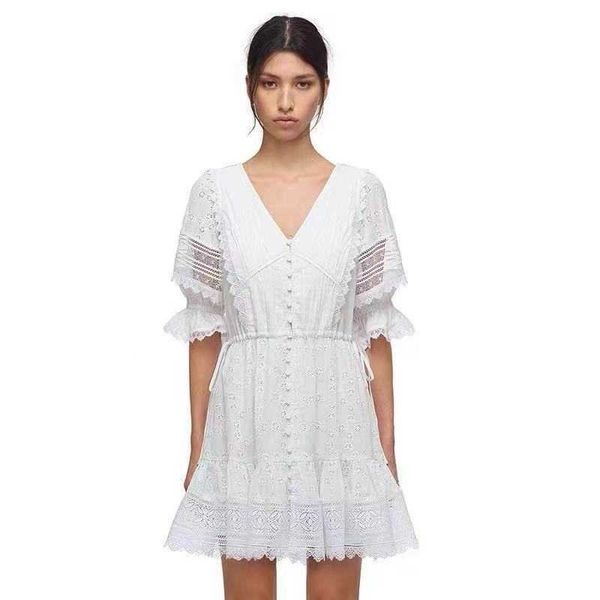 

early sp2021 autumn pure white lace cut-out waist bubble sleeve drs, Black