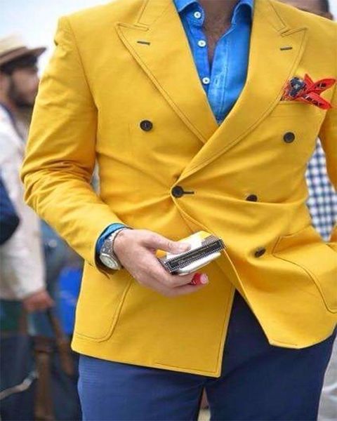 

men's suits & blazers 2pcs yellow jacket royal blue pants closure collar for wedding custom made men set tailored dinner party wear, White;black