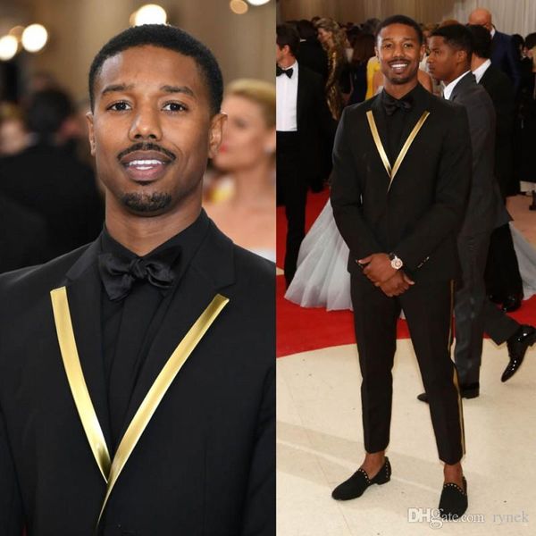 Homens negros ternos para cerimónia festa de baile festa fina noivo tuxedo lapela de ouro 2 peça conjunto melhor homem blazers casaco mais recente calça design traje design