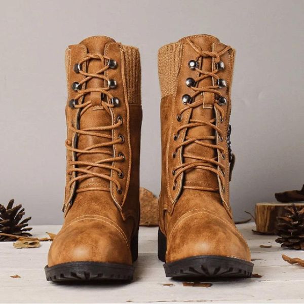 

boots women knitting ankle pu leather lace up military autumn winter low heels platform vintage ladies shoes, Black