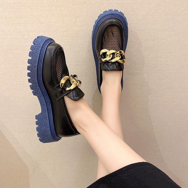 

sandals women loafer shoes 2021 summer british style pu leather ladies air mesh metal chain casual sneakers, Black