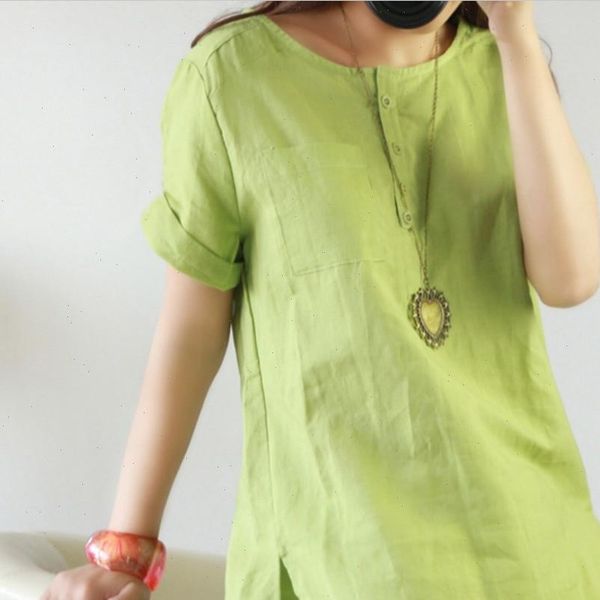 

big size dresses summer 2021 cotton linen shirt women up long womens tunic blouse loose short sleeve solid color, White