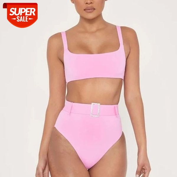 

2020 buckle belt swimwear mujer pink bathing suit women high waist bikinis summer bathers high cut swimsuit female biquini #ex19, White;black