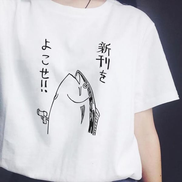 

female japanese fish harajuku and mens t shirt womens funny white kawaii short sleeved streetwear, White;black