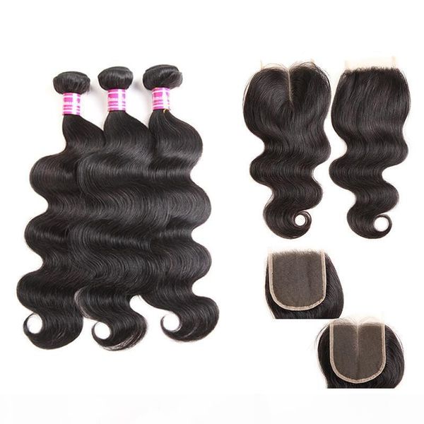 

8a 4x4 brazilian virgin hair wefts with lace closure 3 bundles body wave hair weave 4x4 lace closure human hair weave, Black;brown