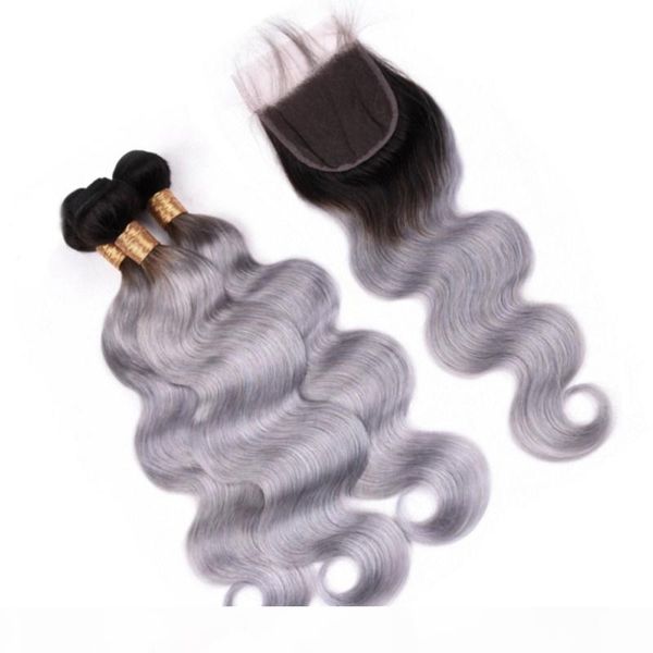 

body wave 1b grey ombre brazilian virgin human hair bundles with closure ombre silver grey hair weaves wefts with 4x4 lace front closure, Black;brown