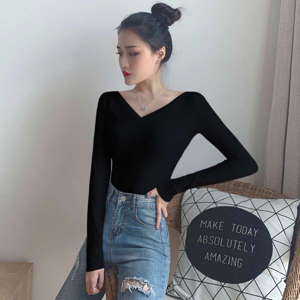 

black base with long sleeve low neck t-shirt new tight v-neck shirt in spring and summer 2021, White