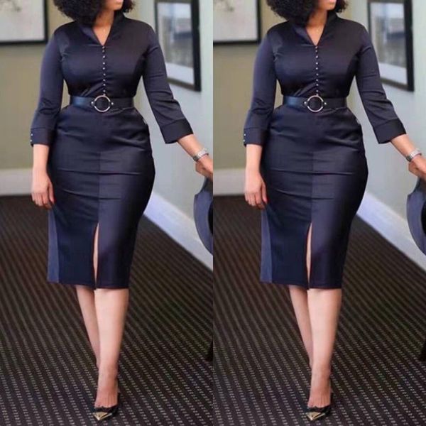 

casual dresses donsignet fashion women's dress v-neck pullover solid color high waist tight-fitting large size split, Black;gray