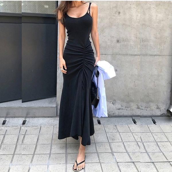 

2021 new women maxi summer spaghetti strap bodycon es elegant ladies black trumpet long robe vestidos mujer s132, Black;gray